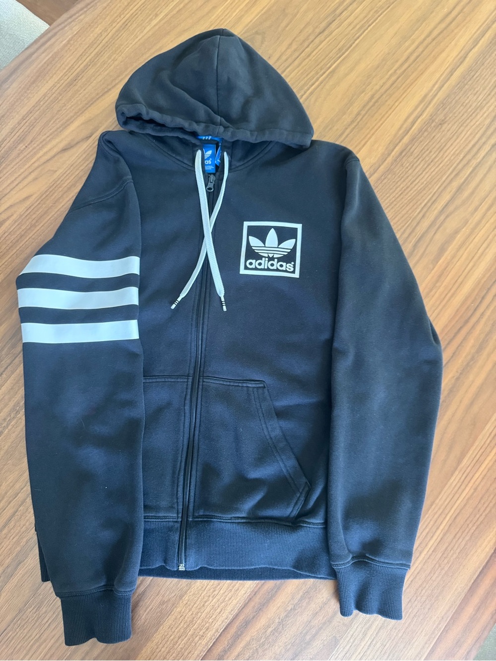 adidas Black Hooded Zip Jacket with White Sleeve Stripes
